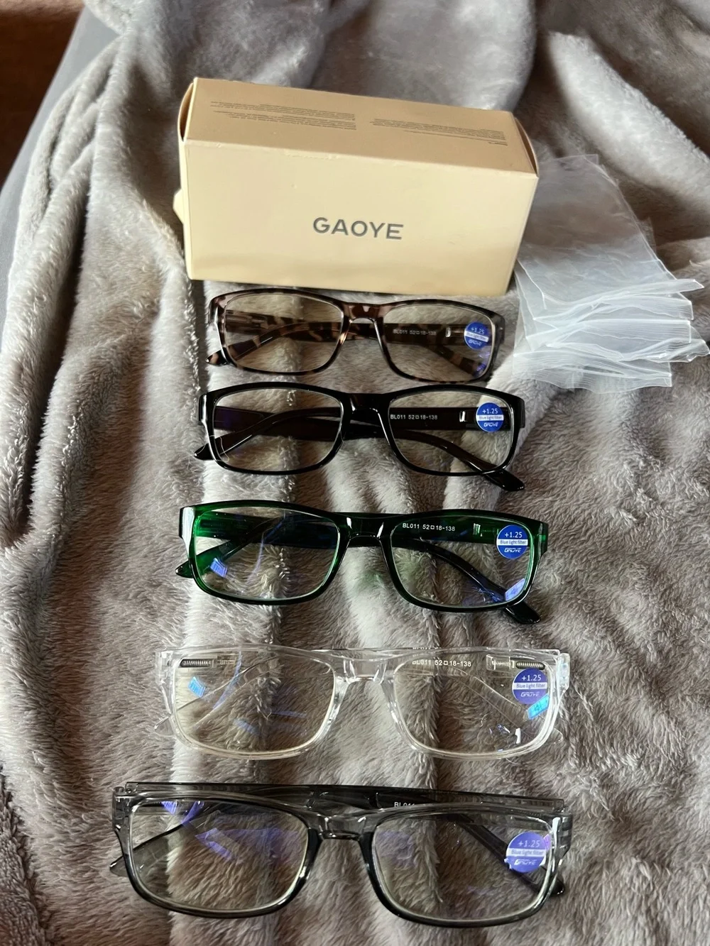 Gaoye 5 Pair of New Blue Light Filter, +1.25 Magnifying Glasses.